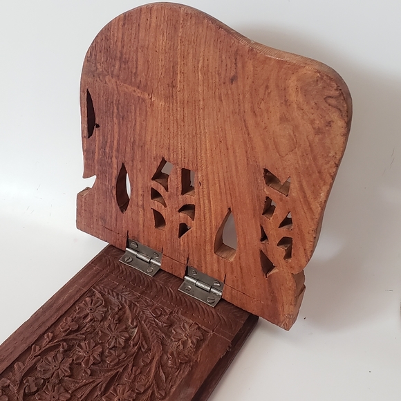 Antique Carved Wooden Elephant and Floral Expandable Book Holder from India - Picture 6 of 16